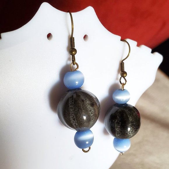 Bronze Hook Ceramic Bead and Cat's Eye Earrings - Picture 2 of 3